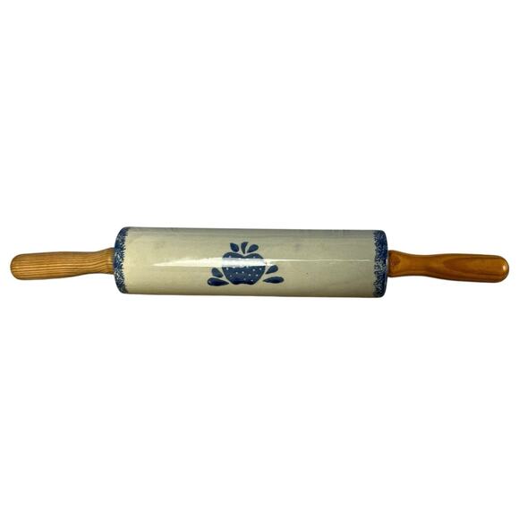 Vtg Blue Sponge Ware Rolling Pin 10”Fruit Strawberry Apple Wood Handle Farmhouse - Picture 1 of 16